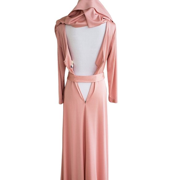 Vintage 70s Pale Pink Draping Long Sleeve Maxi Dress With Belt - Picture 5 of 9